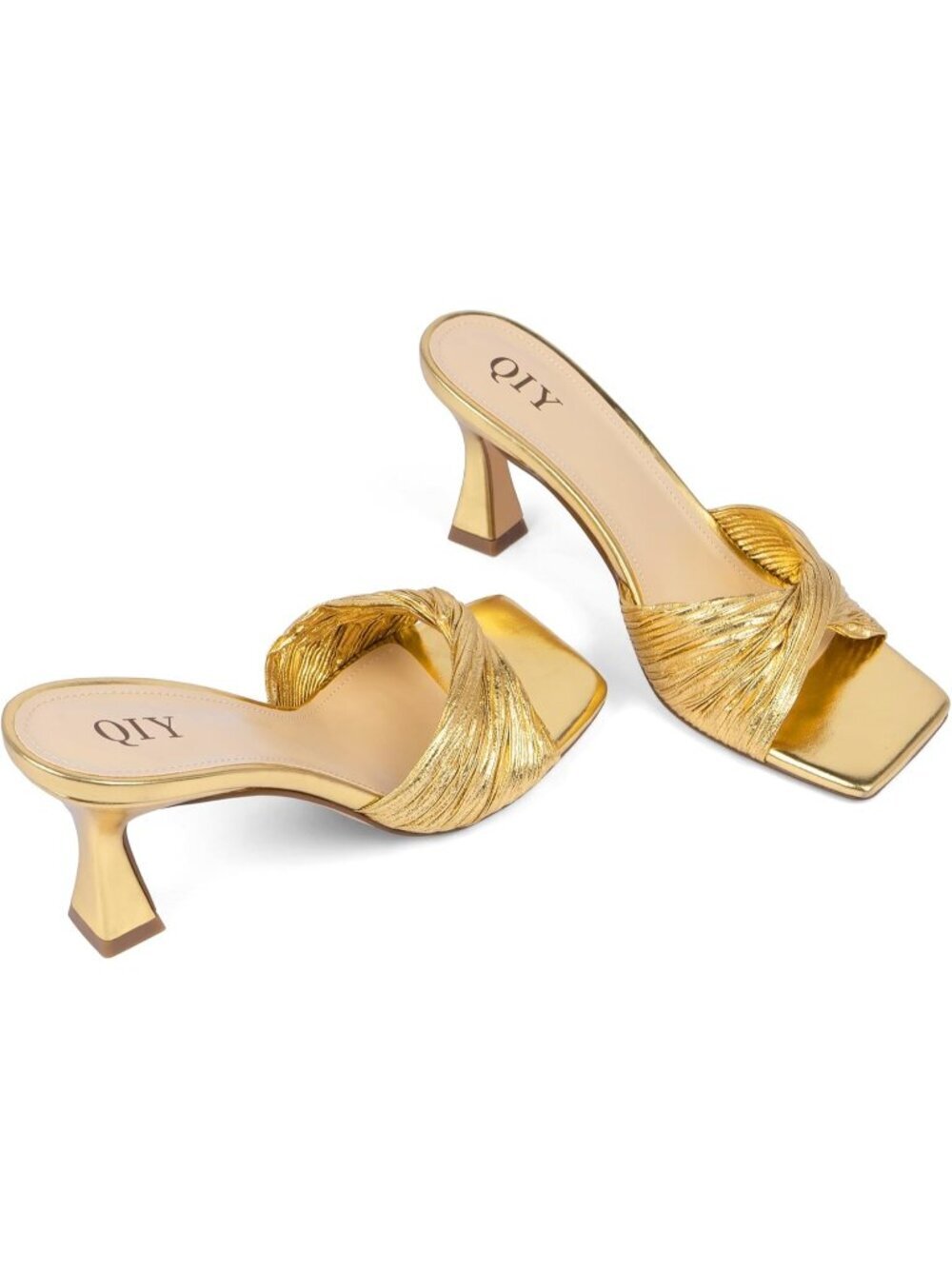 Women's Gold Mid Square Toe Heeled Slip On Rubber Sandals Shoes